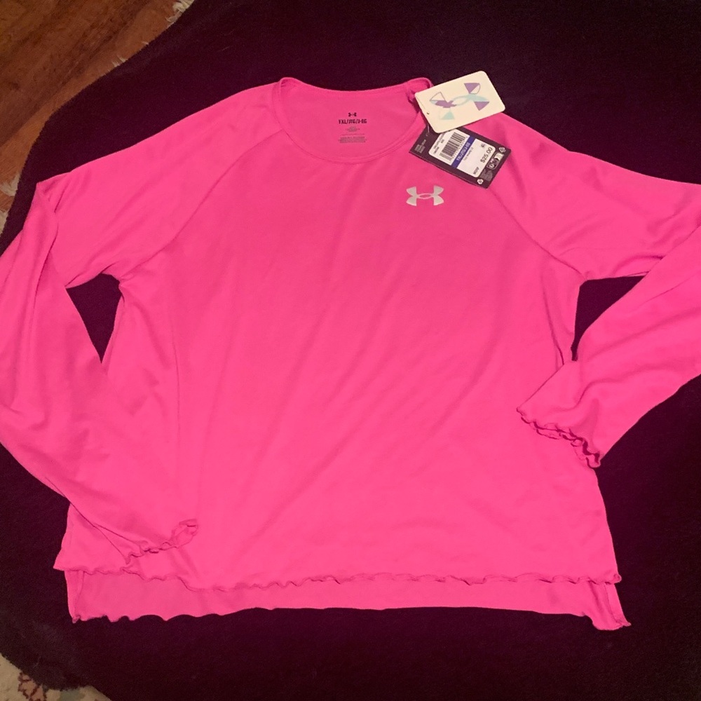 Under Armour Tech Kid’s Pink Long Sleeve Top Ruffle Trim Youth XL NW & Sticker